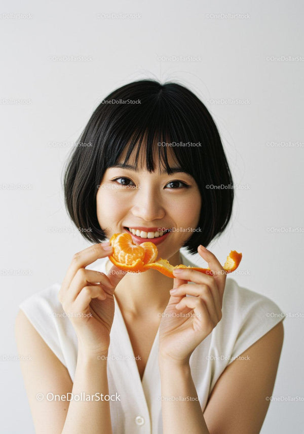 Joyful Woman Enjoying Fresh Tangerine in Bright Home Setting