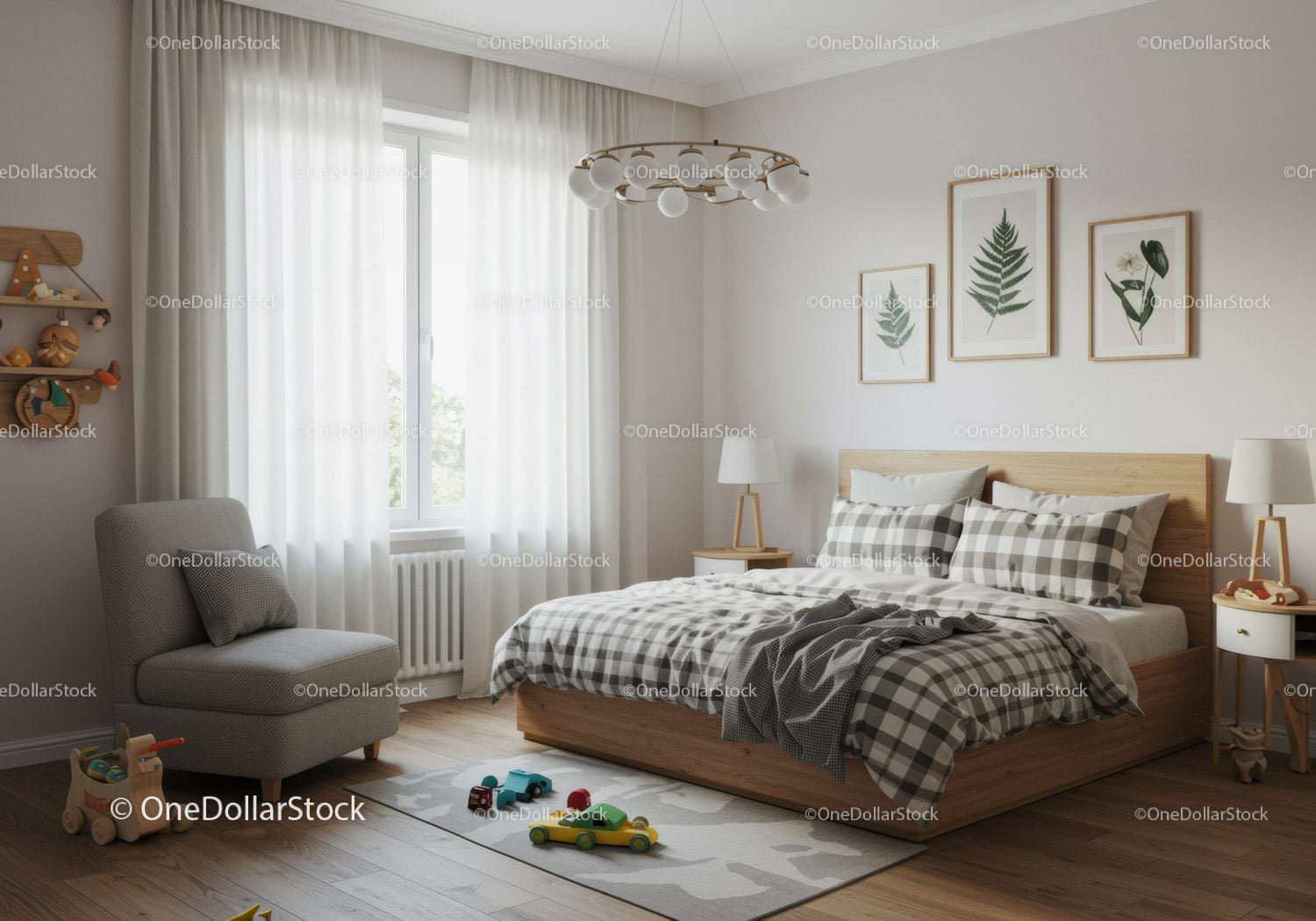 Bright Modern Bedroom with Wooden Furniture and Botanical Wall Art