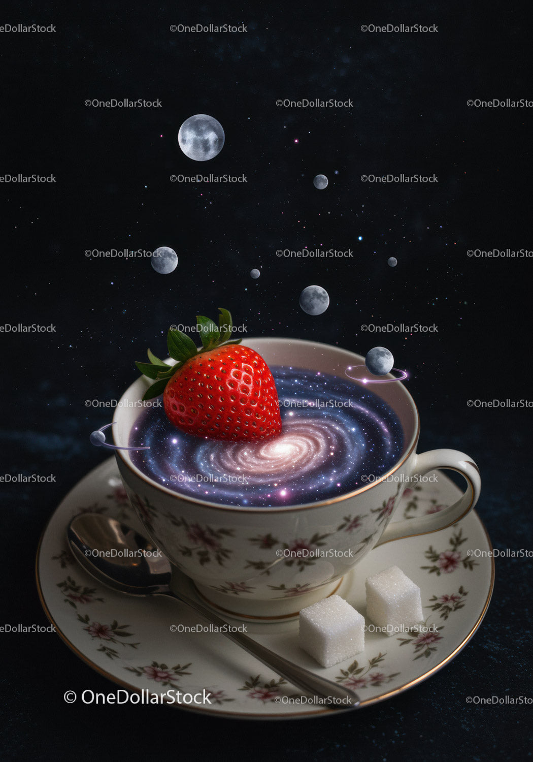 Cup of cosmic tea with a fresh strawberry galaxy swirl