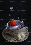 Cup of cosmic tea with a fresh strawberry galaxy swirl