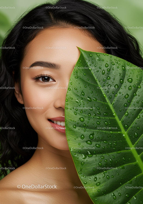 Beautiful Woman with Water Droplets on Green Leaf in Natural Environment