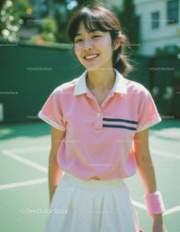 Young Woman Smiling in Pink Polo Shirt on Tennis Court
