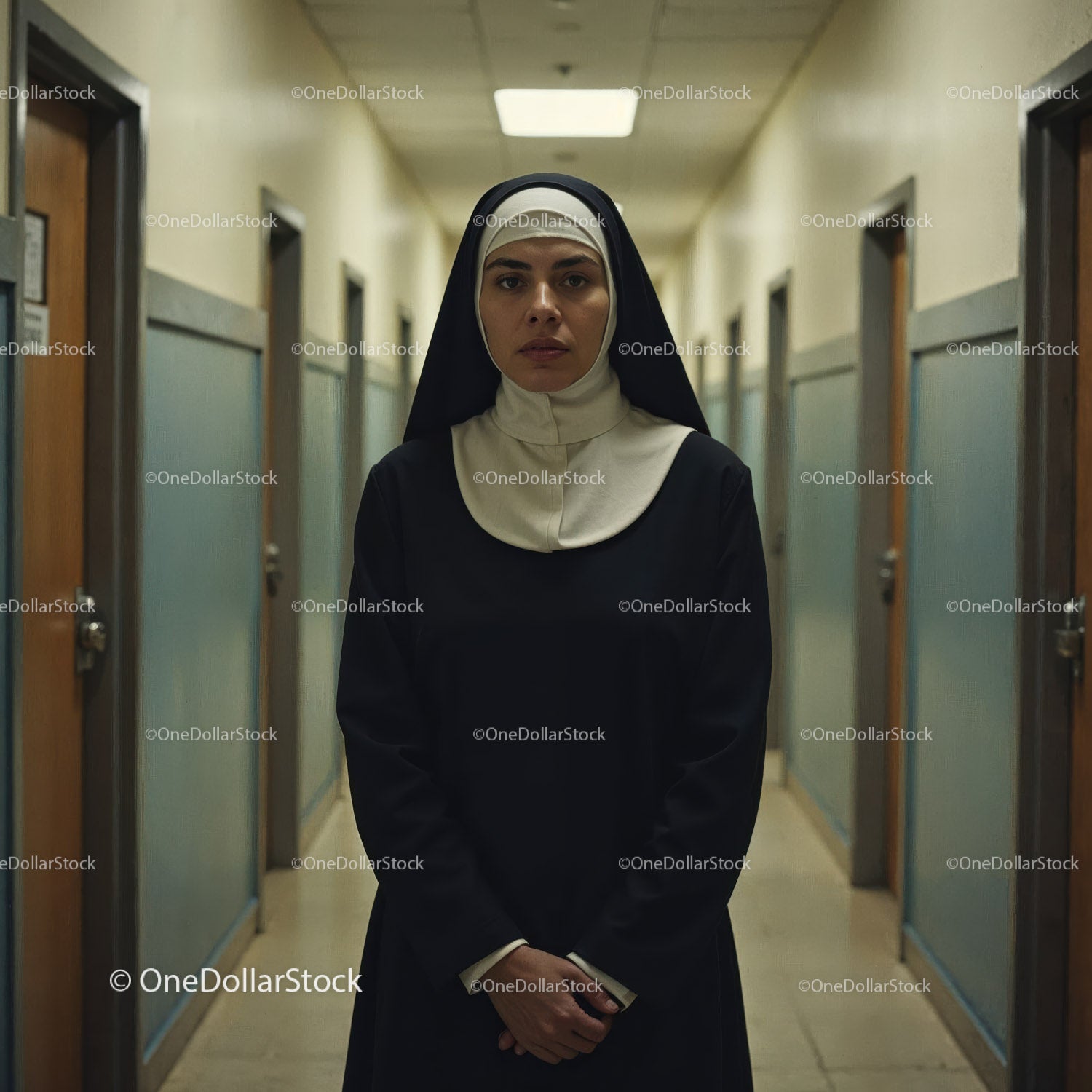 Confident Nurse in Hospital Corridor With Serious Expression