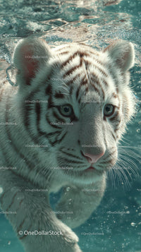 White tiger cub swimming underwater with piercing blue eyes