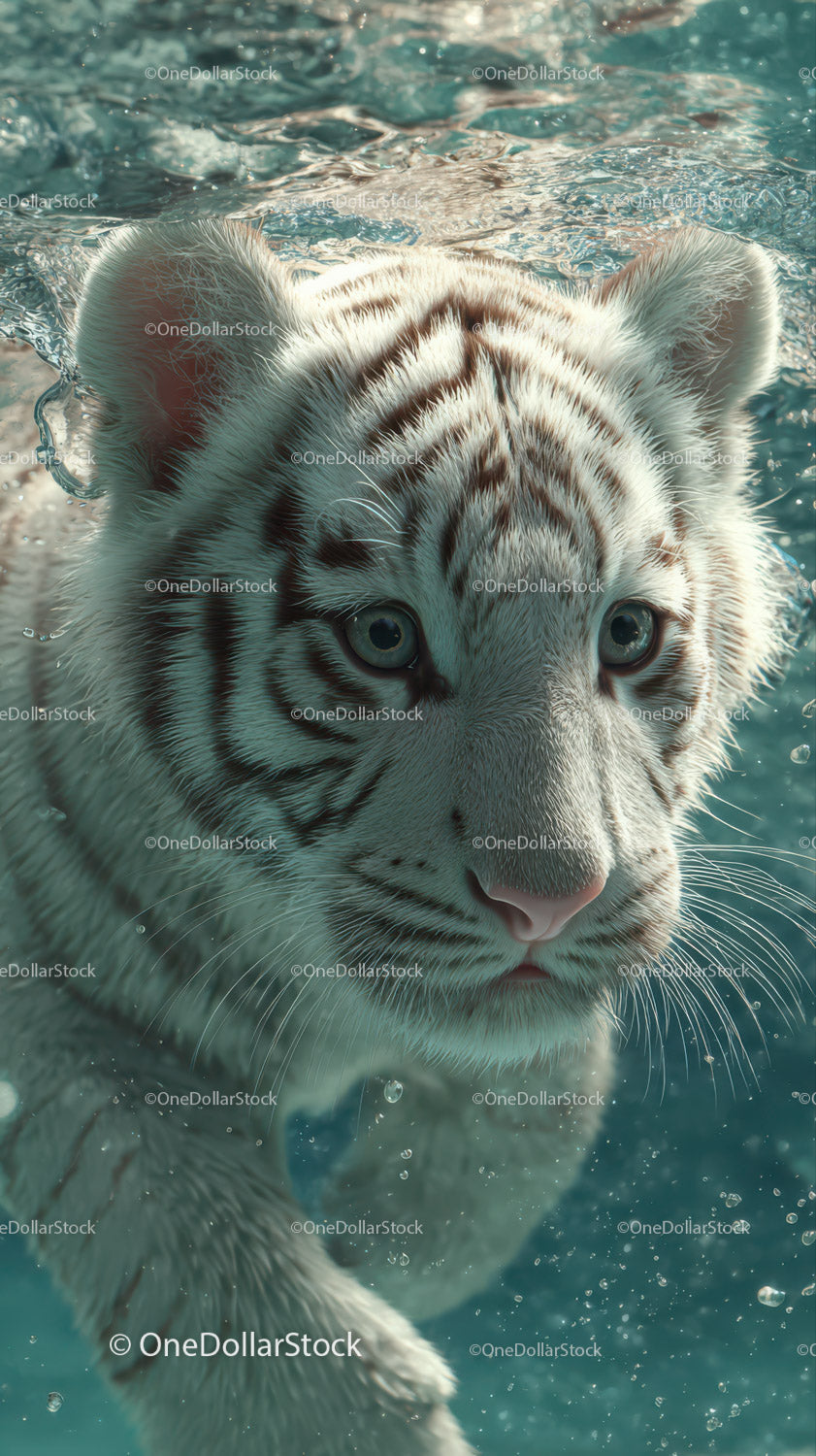 White tiger cub swimming underwater with piercing blue eyes