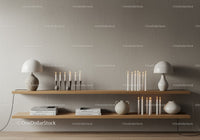 Minimalist shelf with candles and modern table lamps