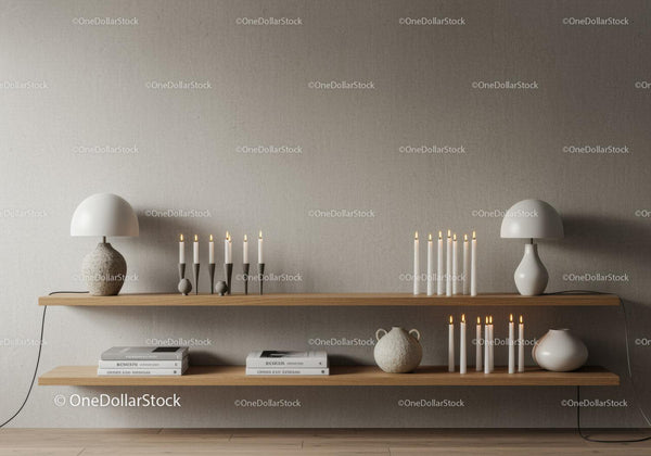 Minimalist shelf with candles and modern table lamps
