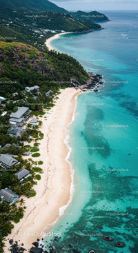 Beautiful Tropical Beach Scene with White Sand and Lush Green Hills