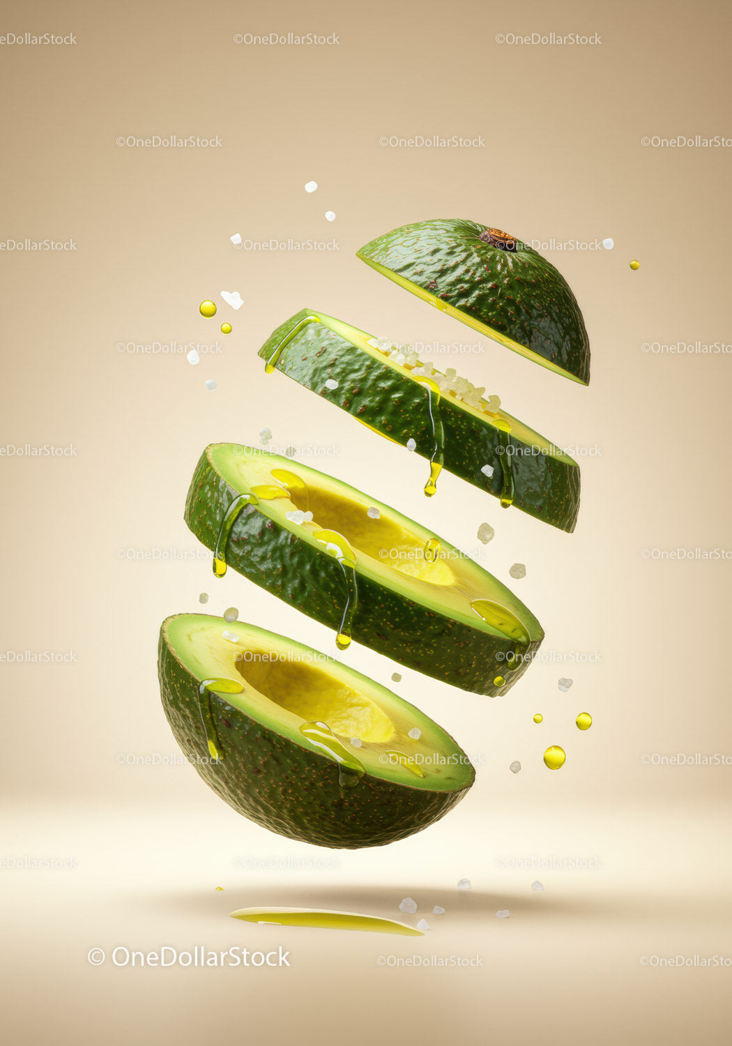 Fresh avocado slices floating with olive oil and salt