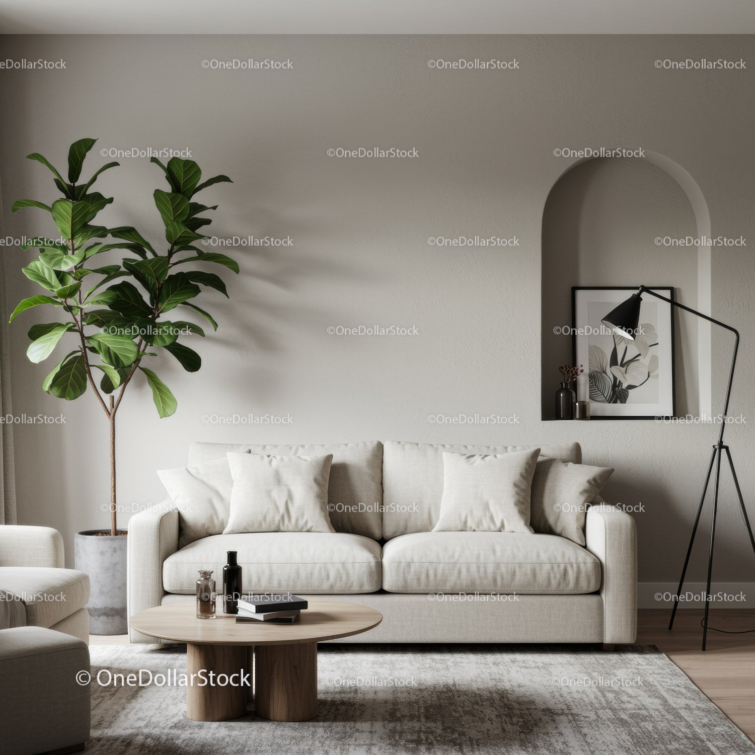 Minimalistyczny salon z beżową sofą i rośliną doniczkową