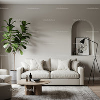 Minimalist living room with beige sofa and indoor plant