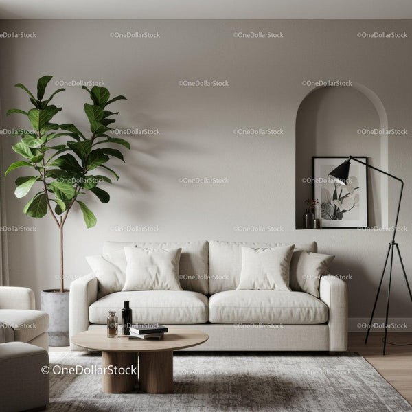Minimalist living room with beige sofa and indoor plant