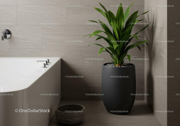 Modern Bathroom Decor with Green Plant in Black Pot and Bathtub