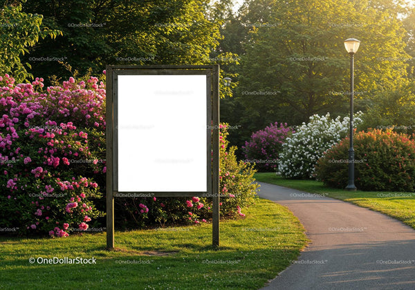 Empty wooden billboard surrounded by summer garden path JPG Mockup Image