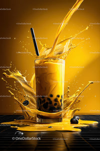 Refreshing Bubble Tea with Splash Effect and Black Tapioca Pearls