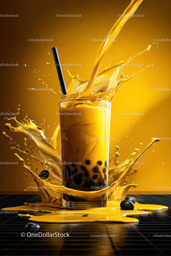 Refreshing Bubble Tea with Splash Effect and Black Tapioca Pearls