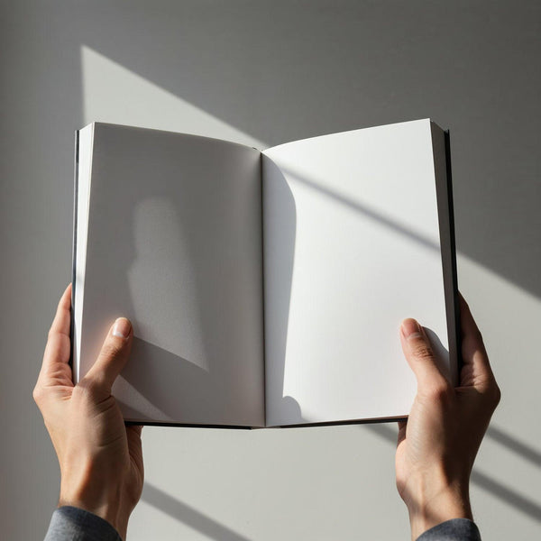 Hands Holding Open Blank Book Under Natural Light JPG Mockup Image