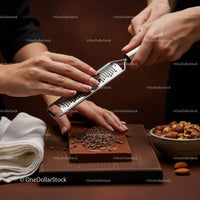 Hands Grating Chocolate on a Steel Grater for Gourmet Dessert