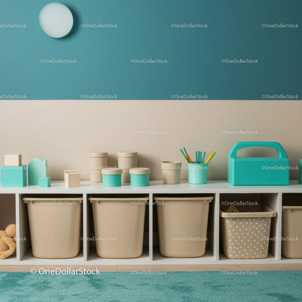 Colorful Storage Bins and Toy Organizer in Minimalist Children's Room