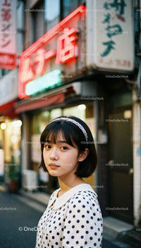 Young woman in polka dot dress on urban street