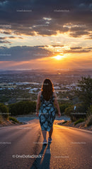 Woman Walking Down Winding Rural Road During Vibrant Sunset