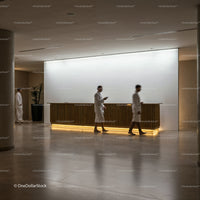 People in White Robes Walking in Modern Minimalistic Lobby