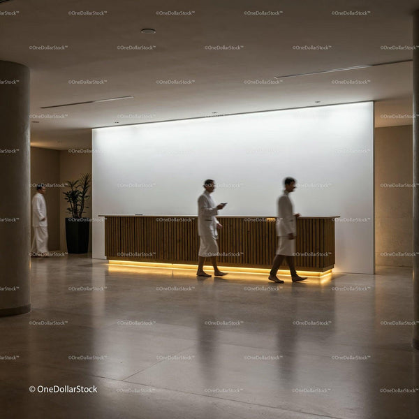 People in White Robes Walking in Modern Minimalistic Lobby JPG Mockup Image