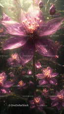 Pink Flowers with Glowing Sparkling Petals in a Fantasy Garden Scene