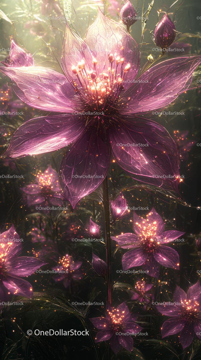 Pink Flowers with Glowing Sparkling Petals in a Fantasy Garden Scene