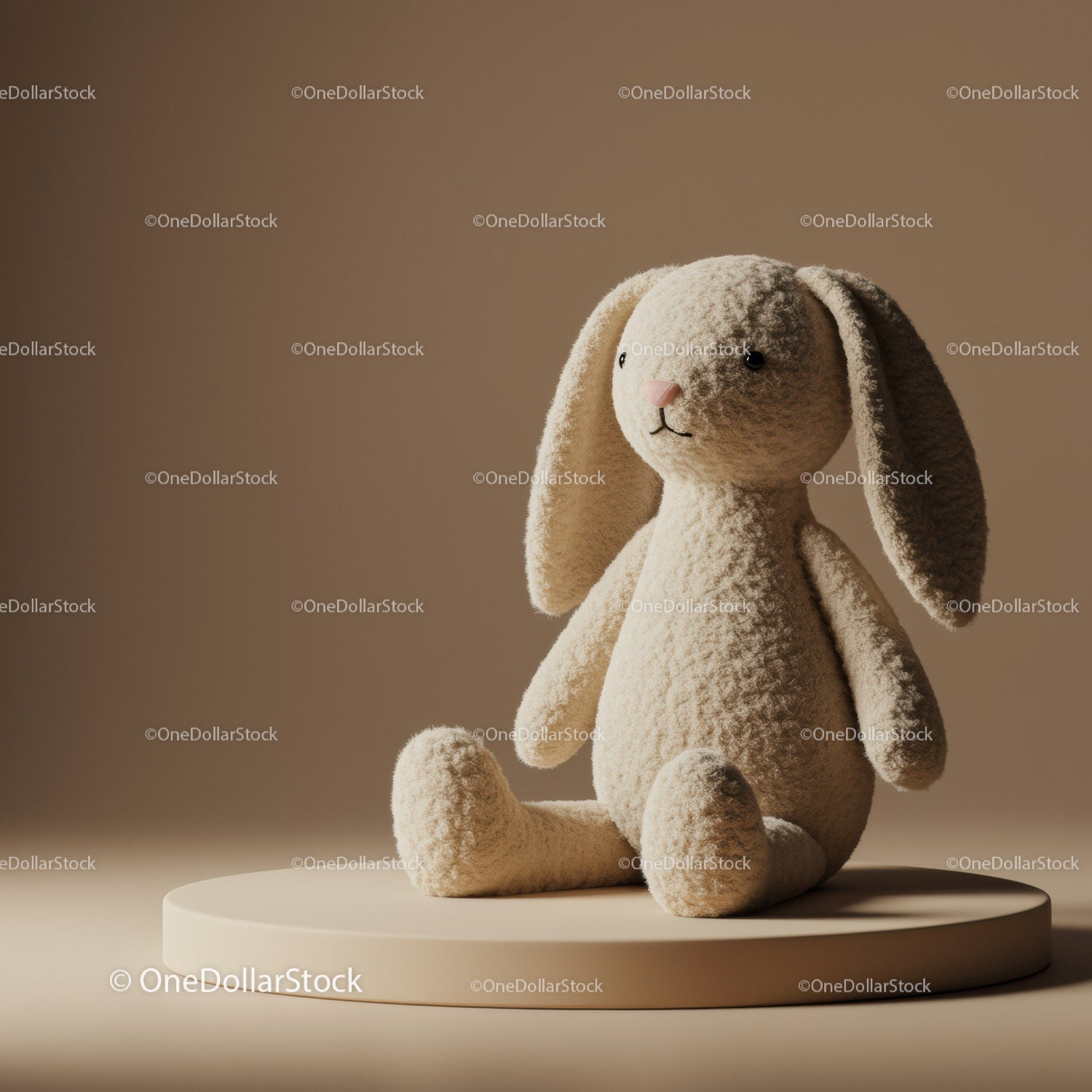 Soft Plush Bunny Toy Sitting on Round Pedestal