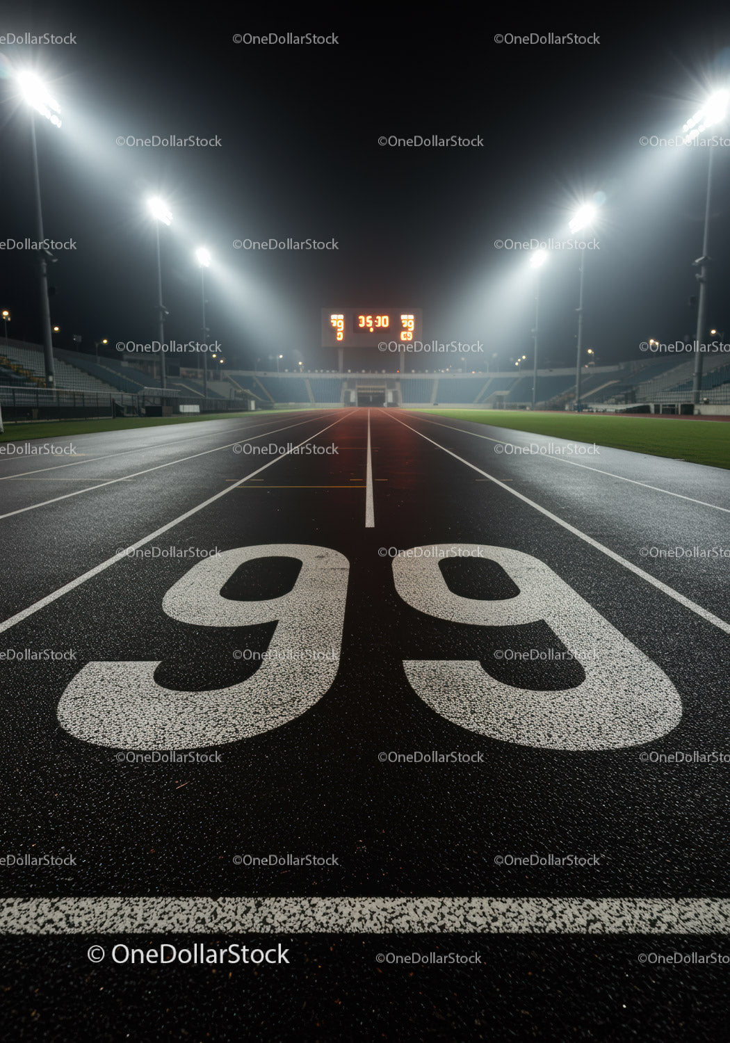 Pusta bieżnia nocą z jasnymi światłami stadionu