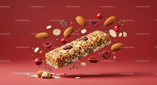 Zdrowy baton granola z migdałami i suszonymi jagodami unoszący się w powietrzu