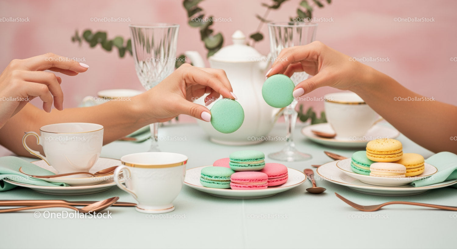 Elegant Pastel Macarons and Fine China Tea Setting