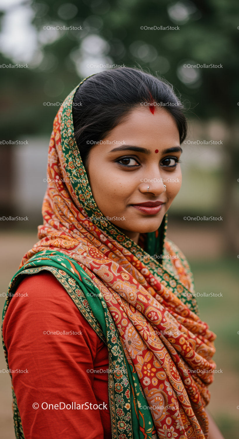 Beautiful Indian Woman in Traditional Saree Outdoors