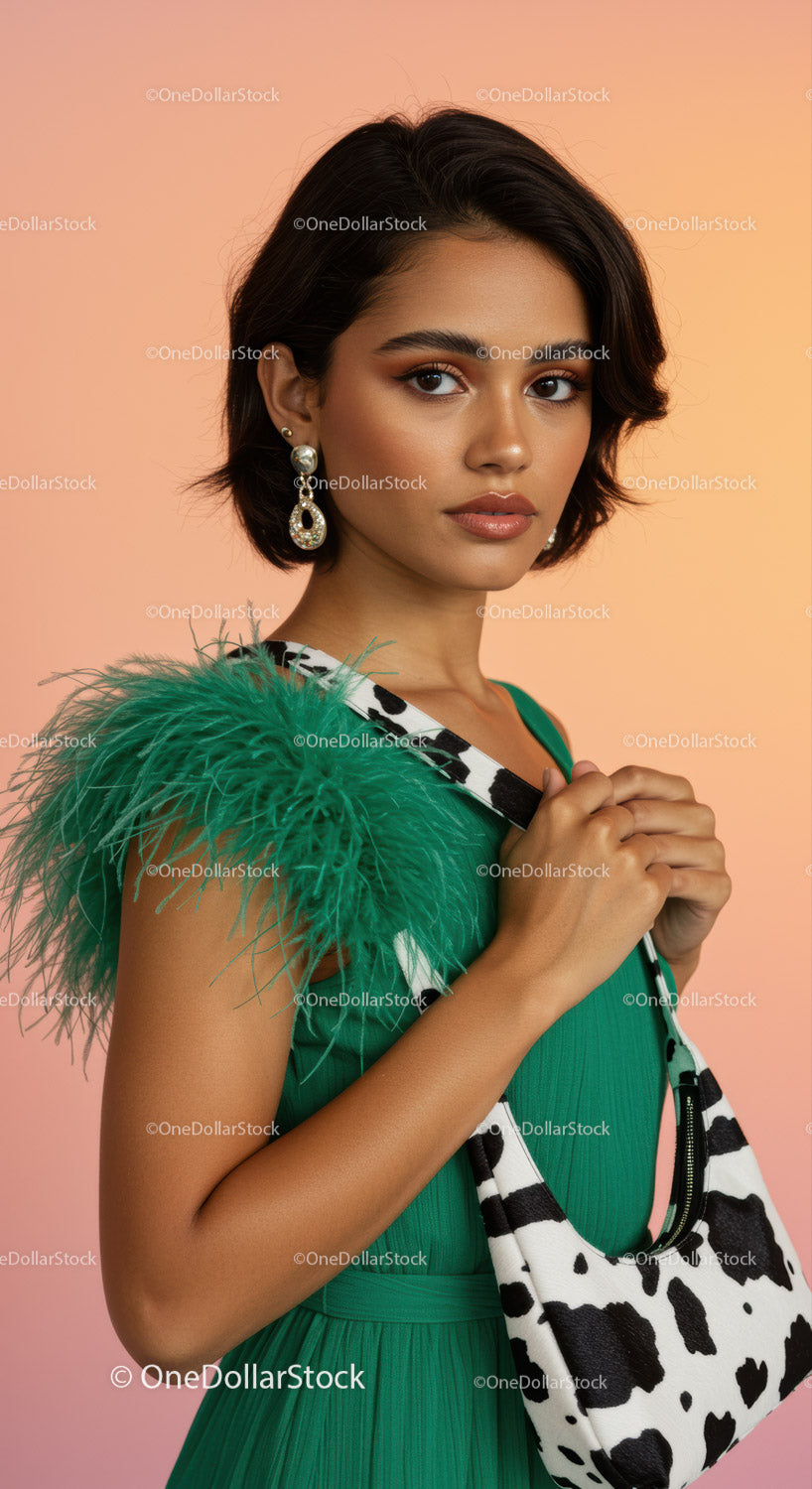 Elegant Woman in Green Dress with Feather Details and Statement Earrings
