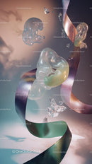 Abstract Ice Sculptures and Colorful Ribbons in a Surreal Composition