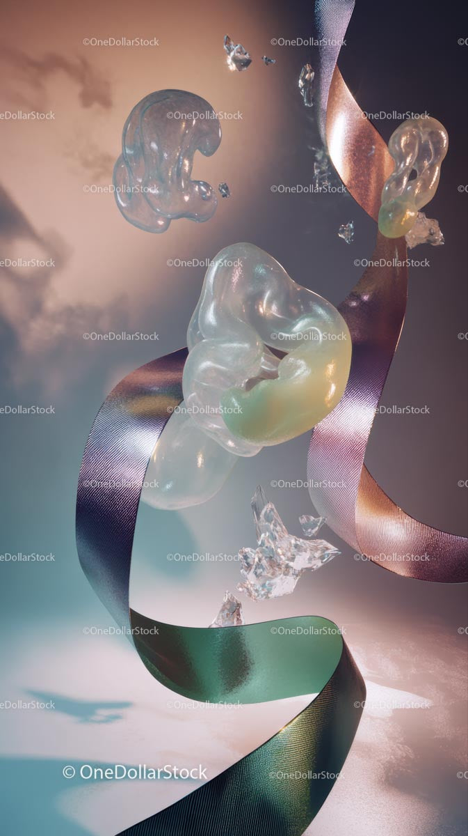 Abstract Ice Sculptures and Colorful Ribbons in a Surreal Composition