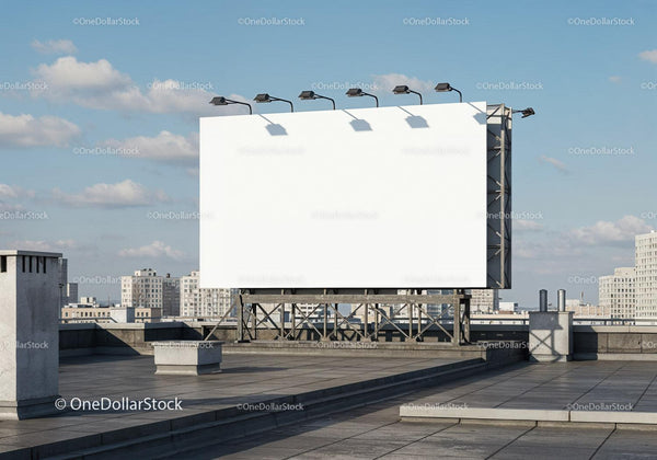 Blank billboard on urban rooftop under clear sky JPG Mockup Image
