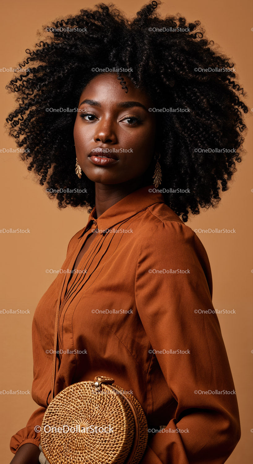 Elegant Portrait of an African Woman with Natural Curly Hair in Brown Blouse