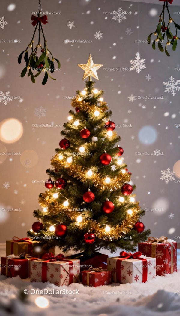 Decorated Christmas tree with gifts and mistletoe indoors