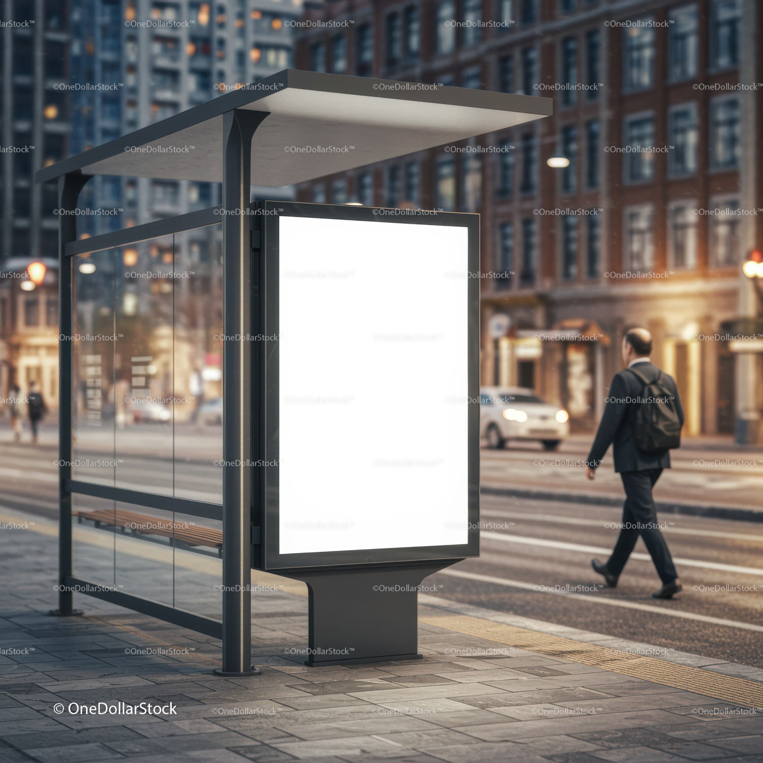 Modern bus stop with blank illuminated advertising panel