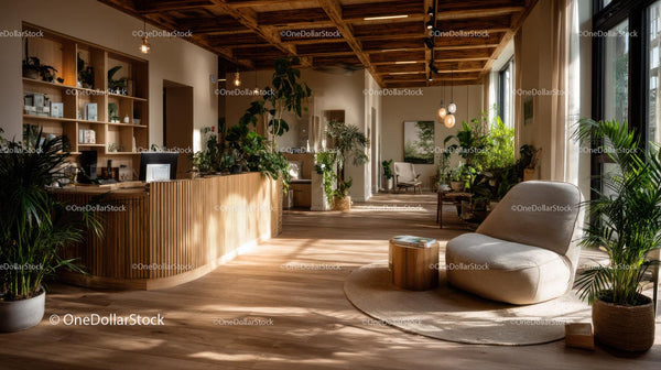 Bright Modern Lounge with Green Indoor Plants and Sunlit Windows