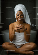 Young Woman with Facial Mask and Towel in a Bathroom