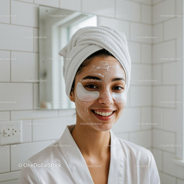 Smiling woman with face mask and eye patches at home