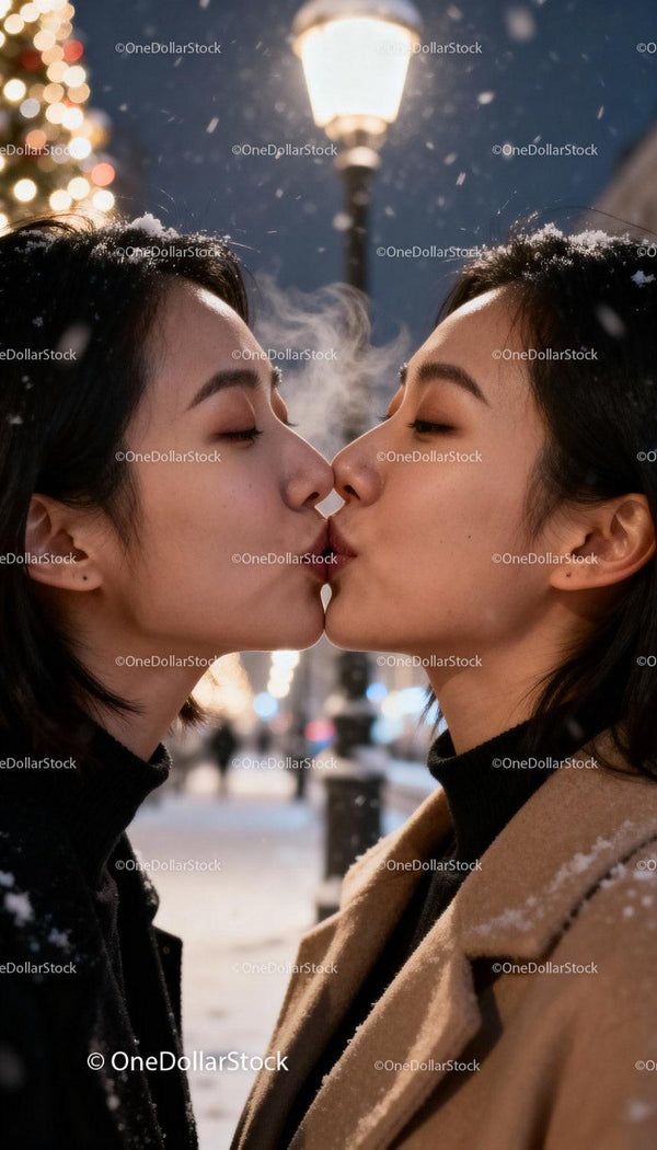 Couple Sharing a Tender Kiss on Snowy Winter Night