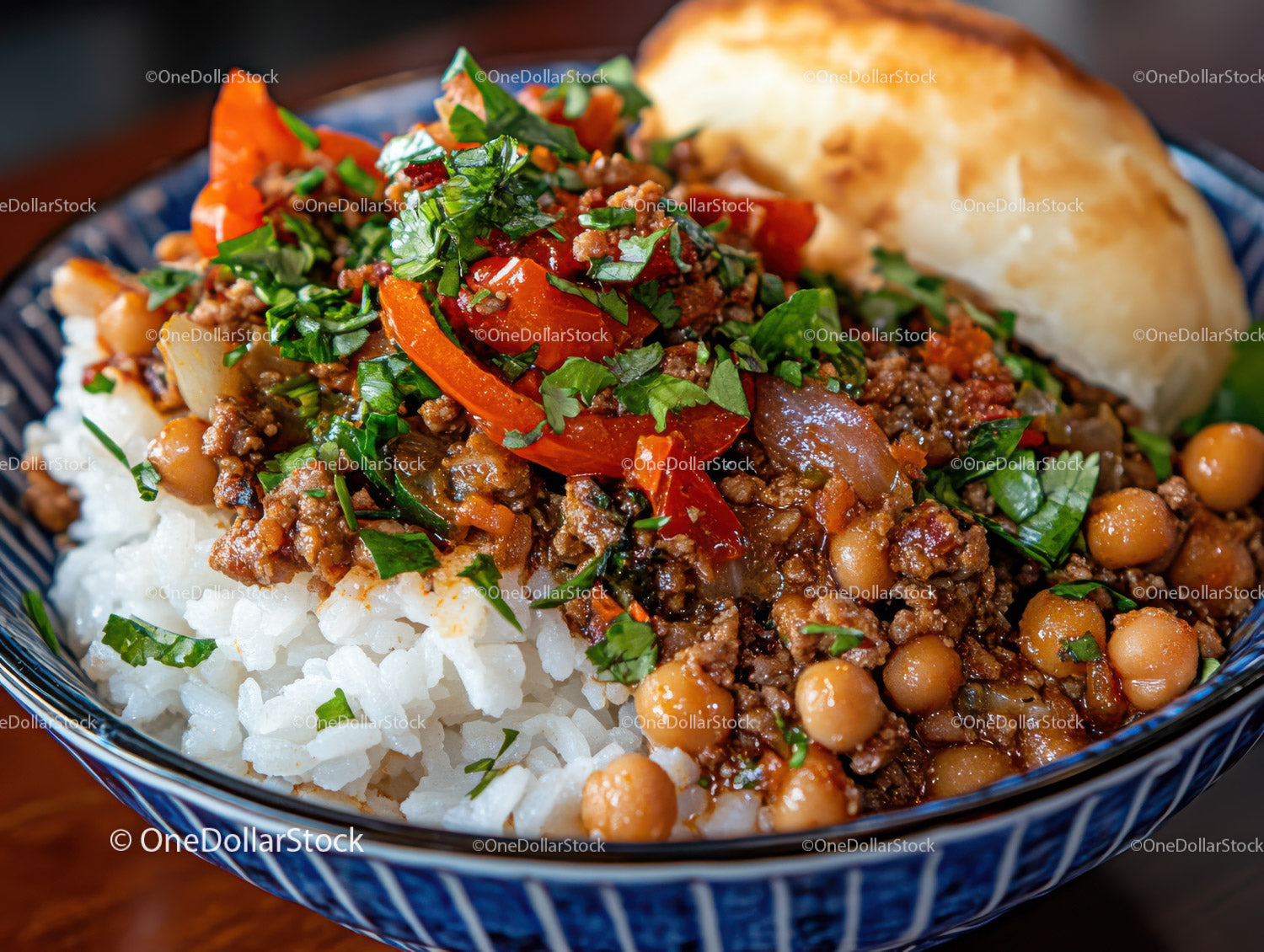 Spicy Beef and Chickpea Stew with Mashed Potatoes and Rice