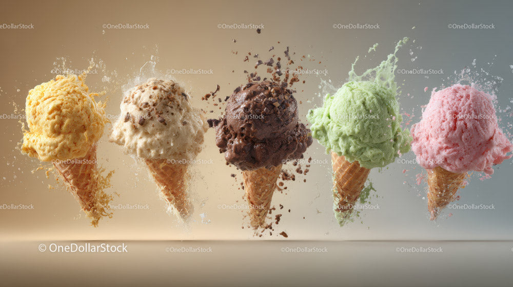 Five Colorful Ice Creams in Delicious Cones with Splash Effect