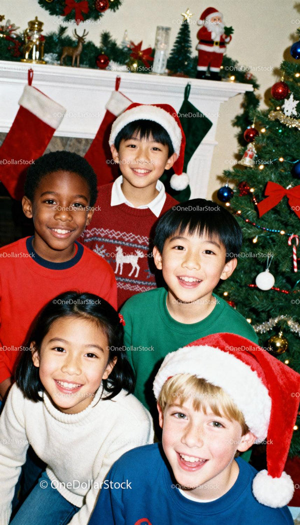 Happy children celebrating Christmas by decorated tree
