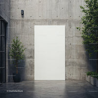 Minimalist outdoor space with blank white canvas on concrete wall