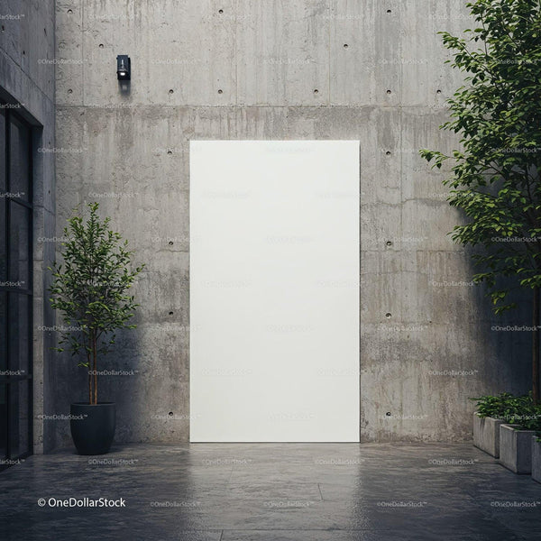 Minimalist outdoor space with blank white canvas on concrete wall JPG Mockup Image